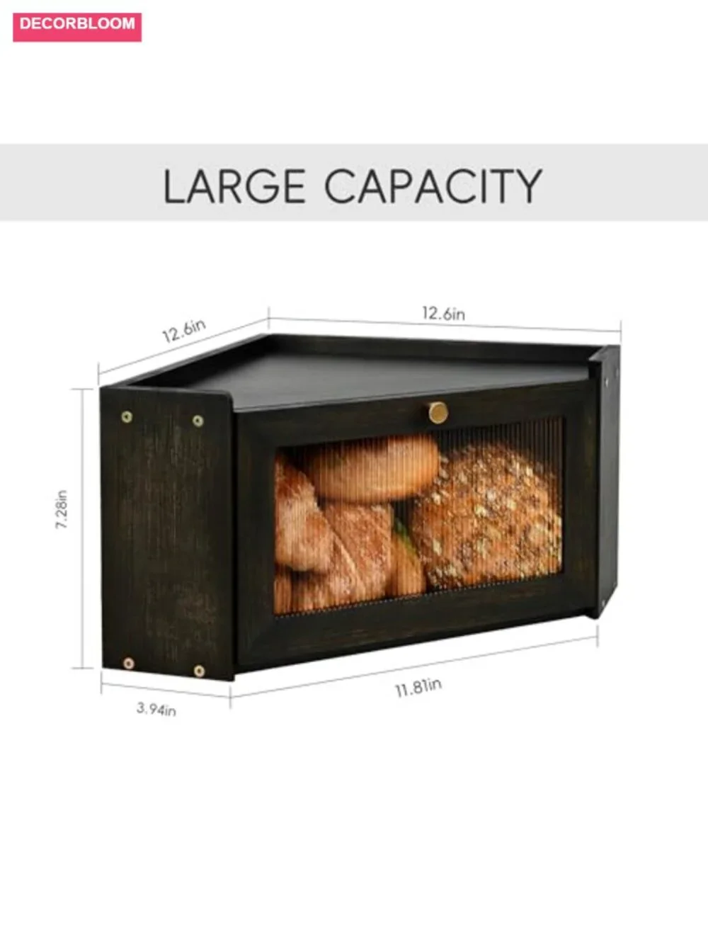 Bamboo Bread Box with Acrylic Window Black | Large Kitchen Countertop Bread